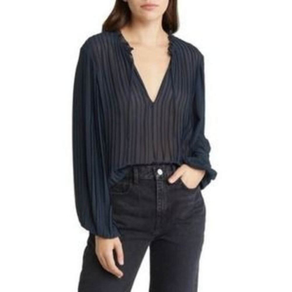 Frame Tie Front Pleated Top Blouse Navy Blue Size XS